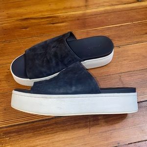 Vince Black Suede Platform Slide Sandals with White Sole